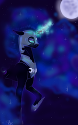 Size: 1936x3098 | Tagged: safe, artist:bluebrushcreations, derpibooru import, nightmare moon, alicorn, pony, g4, blue background, blue eyes, blue mane, blue tail, concave belly, digital art, ear fluff, ears, ethereal mane, ethereal tail, eyeshadow, feather, female, flowing mane, flowing tail, folded wings, glowing, glowing horn, helmet, hoof shoes, horn, lidded eyes, magic, makeup, mare, moon, moonlight, night, peytral, raised hoof, raised leg, signature, simple background, sky, slender, solo, sparkles, starry mane, starry tail, stars, sternocleidomastoid, tail, tall, thin, wings