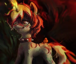 Size: 2125x1798 | Tagged: dead source, safe, artist:rvsd, derpibooru import, oc, oc only, bird, duck, pony, unicorn, abstract background, collar, horn, magic, male, riding, riding a pony, scar, sharp teeth, smiling, solo, spiked collar, stallion, teeth