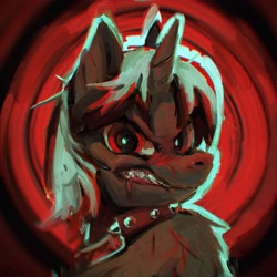 Size: 2560x2560 | Tagged: safe, artist:rvsd, derpibooru import, oc, oc only, pony, unicorn, abstract background, blood, collar, horn, male, scar, sharp teeth, solo, spiked collar, stallion, teeth