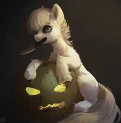 Size: 2515x2560 | Tagged: safe, artist:rvsd, derpibooru import, oc, oc only, earth pony, pony, black sclera, halloween, high res, holiday, jack-o-lantern, knife, looking at you, mouth hold, pumpkin, sitting, solo