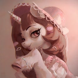 Size: 2560x2560 | Tagged: safe, artist:rvsd, derpibooru import, oc, oc only, pony, unicorn, bracelet, bust, clothes, commission, female, hat, horn, jewelry, lidded eyes, lipstick, looking at you, mare, solo, unicorn oc