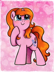 Size: 2248x3000 | Tagged: safe, artist:dariarchangel, derpibooru import, oc, oc only, oc:dazha, pony, unicorn, adorable face, blue eyes, blushing, c:, crying, cute, cute face, cute smile, female, female oc, hairband, heart, hnnng, hoof on chin, horn, long tail, looking up, ocbetes, orange hair, orange mane, orange tail, passepartout, pink coat, pony oc, raised hoof, raised leg, small horn, smiling, solo, squishy cheeks, standing, standing on three hooves, tail, tears of joy, teary eyes, too cute, traditional art, unicorn oc, wavy hair, wavy mane, wavy tail, weapons-grade cute