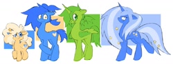 Size: 2048x758 | Tagged: safe, artist:tricky_cannon, derpibooru import, alicorn, pony, unicorn, battle for dream island, blonde, blonde mane, blue coat, blue mane, cream coat, green coat, green mane, horn, ponified, species swap, tan coat