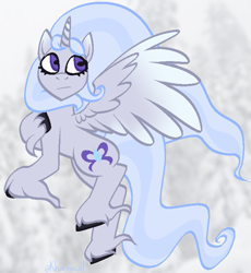 Size: 665x723 | Tagged: safe, artist:kharmacal, derpibooru import, oc, oc only, oc:silver storm, alicorn, pony, alicorn oc, black hooves, colored hooves, colored wings, ethereal mane, ethereal tail, fanart, female, fetlock tuft, flowing hair, gradient ears, gradient horn, gradient wings, hoof on chest, hooves, horizontal pupils, horn, looking offscreen, mare, pixel-crisp art, purple eyes, solo, spread wings, tail, two toned hair, unshorn fetlocks, wings