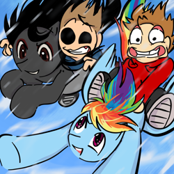 Size: 1000x1000 | Tagged: safe, artist:0liiver, derpibooru import, rainbow dash, oc, oc:basil (0liiver), bat pony, human, pegasus, pony, eddsworld, flying, outdoors, tom (eddsworld), tord (eddsworld)