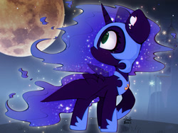 Size: 3000x2250 | Tagged: safe, artist:zokkili, derpibooru import, nightmare moon, alicorn, pony, g4, canterlot castle, ear fluff, ears, ethereal mane, ethereal tail, female, filly, foal, full moon, helmet, high res, hoof shoes, horn, looking back, mare, moon, nightmare woon, outdoors, peytral, princess shoes, raised hoof, raised leg, signature, solo, spread wings, tail, wings