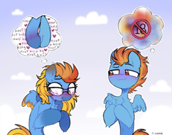 Size: 780x610 | Tagged: oc name needed, safe, alternate version, artist:flixanoa, derpibooru import, part of a set, oc, oc only, oc:samudash, pegasus, pony, agender, alternate character, alternate versions at source, belly fluff, big eyes, blue coat, blush lines, blush scribble, blushing, censored, chest fluff, coat markings, colored eartips, colored wings, colored wingtips, commission, duo, eyebrows, eyebrows visible through hair, eyelashes, facial markings, glasses, golden eyes, gradient background, gradient legs, gradient wings, gradient wingtips, hock fluff, holding hooves, hoof blush, hooves together, human shoulders, lewd thoughts, lidded eyes, looking at someone, looking away, looking down, multicolored mane, nervous, nervous smile, oc x oc, orange mane, orange tail, outdoors, outline, pegasus oc, raised eyebrow, red eyes, shipping, shoulder fluff, signature, sky background, slender, small wings, smiling, smiling at someone, snip (coat marking), socks (coat marking), spiky mane, spread wings, sweat, tail, thin, thinking, thought bubble, three toned wings, two toned mane, two toned wingtips, wavy mouth, wing fluff, wings, ych result