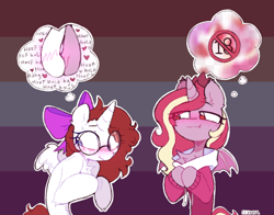 Size: 780x610 | Tagged: oc name needed, safe, alternate version, artist:flixanoa, derpibooru import, part of a set, oc, oc only, alicorn, bat pony, bat pony alicorn, pony, alicorn oc, alternate character, alternate versions at source, bat pony alicorn oc, bat pony oc, bat wings, belly fluff, big eyes, blue eyes, blush lines, blush scribble, blushing, censored, chest fluff, clothes, commission, crown, duo, ear tufts, eye clipping through hair, eyebrows, eyebrows visible through hair, female, female oc, flag background, freckles, glasses, hair accessory, hock fluff, holding hooves, hoodie, hoof blush, hooves together, horn, human shoulders, jewelry, lesbian, lesbian pride flag, lewd thoughts, lidded eyes, long mane, looking at someone, looking away, mane accessory, mare, mare oc, nervous, oc x oc, outline, pink bow, pink hoodie, pride, pride background, pride flag, red eyes, red mane, red tail, regalia, round glasses, shipping, signature, slender, small wings, smiling, smiling at someone, spread wings, striped background, sweat, tail, thick horn, thin, thinking, thought bubble, two toned mane, two toned tail, wavy mouth, white coat, wing fluff, wings, ych result