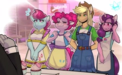 Size: 4108x2530 | Tagged: safe, artist:mrottii, derpibooru import, applejack, cup cake, pinkie pie, sugar belle, anthro, earth pony, unicorn, g4, apron, baking competition, blushing, clothes, cupcake, cupcake wars, cutie mark on clothes, emanata, equestria girls outfit, eyes closed, female, food, frown, high res, horn, indoors, lidded eyes, mare, my little pony: friendship is magic, nervous, offscreen character, overalls, plewds, smiling, sweat, sweatdrop, sweatdrops