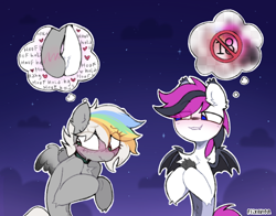 Size: 780x610 | Tagged: safe, alternate version, artist:flixanoa, derpibooru import, part of a set, oc, oc only, oc:lance, oc:silver silhouette, bat pony, pegasus, pony, alternate character, alternate versions at source, bat pony oc, belly fluff, big eyes, black wingtips, blue eyes, blush lines, blush scribble, blushing, censored, chest fluff, choker, cloud, colored belly, colored eartips, colored wings, colored wingtips, commission, cute, dark belly, duo, duo male and female, ear fluff, ear tufts, ears, eye clipping through hair, eyebrows, eyebrows visible through hair, fangs, female, female oc, freckles, frown, gradient background, gradient wings, gray coat, gray wings, green eyes, hock fluff, holding hooves, hoof blush, hooves together, human shoulders, implied shipping, lewd thoughts, lidded eyes, looking at someone, looking away, looking down, male, male oc, mare, mare oc, multicolored mane, nervous, night, night background, oc x oc, outdoors, outline, pegasus oc, pink tail, shipping, short mane, shoulder fluff, signature, sky background, slender, small wings, smiling, smiling at someone, spread wings, stallion, stallion oc, starry background, sweat, tail, thin, thinking, thought bubble, two toned ears, two toned mane, two toned wings, wavy mouth, white coat, white mane, white tail, wing fluff, wings, ych result