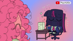 Size: 1166x649 | Tagged: safe, artist:psych2go, derpibooru import, pinkie pie, twilight sparkle, human, equestria girls, g4, :3, abstract background, alternate color palette, blushing, chair, clothes, cute, desk, diapinkes, eyes closed, happy, necktie, pink hair, pink skin, purple hair, purple skin, sitting, stack of papers, suit, sweater, three toned hair, twiabetes