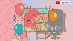 Size: 1156x652 | Tagged: safe, artist:psych2go, derpibooru import, fluttershy, pinkie pie, twilight sparkle, human, equestria girls, g4, :3, abstract background, alternate color palette, balloon, blushing, chair, clothes, confetti, cute, diapinkes, eyes closed, happy, lidded eyes, pink hair, pink skin, purple hair, purple skin, shyabetes, sitting, smiling, suit, sweater, tanktop, teal eyes, twiabetes, yellow skin