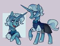 Size: 1441x1121 | Tagged: safe, artist:disaterror, derpibooru import, oc, oc only, oc:ice shot, pony, unicorn, fallout equestria, bags under eyes, blue coat, blue eyeshadow, blue hooves, blue mane, blue sclera, blue tail, bowtie, clothes, collared shirt, colored eyebrows, colored hooves, colored pinnae, colored sclera, crossed hooves, duality, eyeshadow, facial hair, gray background, gray eyes, hooves, horn, lidded eyes, long horn, makeup, male, male oc, moustache, muttonchops, no catchlights, no pupils, noise, not jack pot, open mouth, open smile, passepartout, pre-war, profile, raised hoof, raised leg, requested art, shiny hooves, shirt, shorts, simple background, smiling, stallion, stallion oc, standing, tail, thin, three quarter view, two toned mane, two toned tail, unicorn horn, unicorn oc, uniform, vest, white shirt