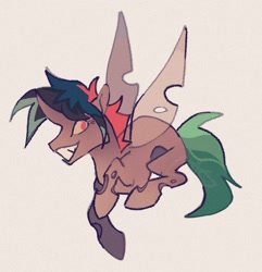 Size: 1313x1360 | Tagged: safe, artist:disaterror, derpibooru import, oc, oc only, oc:vas, changeling, brown changeling, changeling oc, changeling wings, colored sclera, curved horn, flying, gradient legs, gradient muzzle, green tail, grin, horn, insect wings, looking back, male, multicolored mane, no catchlights, no pupils, pale muzzle, profile, raised hoof, raised leg, red eyes, requested art, simple background, smiling, spiky mane, spread wings, tail, three toned tail, watermark, white background, wings, yellow sclera