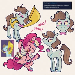 Size: 1500x1500 | Tagged: safe, artist:disaterror, derpibooru import, beauty brass, pinkie pie, earth pony, pony, g4, the best night ever, bipedal, blue coat, blush sticker, blushing, bowtie, brown mane, brown tail, chubby, clothes, colored hooves, curly hair, curly mane, curly tail, dancing, dialogue, dress, duo, duo female, eyebrows, eyelashes, eyes closed, eyeshadow, female, frilly, frilly dress, frown, gala dress, gown, gradient mane, gradient tail, gray hooves, hat, hoof shoes, hooves, long legs, looking at you, looking away, makeup, mare, musical instrument, my little pony: friendship is magic, narrowed eyes, open mouth, open smile, physique difference, pink coat, pink eyeshadow, pink hooves, pink mane, pink tail, pink text, pinkie pie's first gala dress, raised eyebrow, requested art, screencap reference, smiling, smiling at you, solo focus, sousaphone, standing, standing on one leg, tail, talking, thin, tuba, unshorn fetlocks