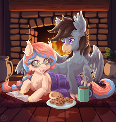 Size: 3647x3850 | Tagged: safe, artist:sharkita, derpibooru import, oc, oc:dracey, oc:luxor, classical hippogriff, hippogriff, pegasus, blanket, book, braid, carpet, chest fluff, chocolate, commission, cookie, ear fluff, ears, fireplace, food, glasses, hippogriff oc, hot chocolate, indoors, looking at each other, looking at someone, lying down, open mouth, pegasus oc, plant pot, single fang, two toned mane, unshorn fetlocks, ych result