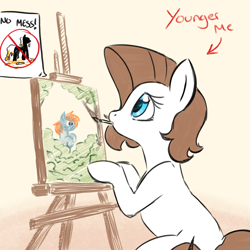 Size: 4000x4000 | Tagged: safe, artist:derpydoodesigns, artist:derpydooreviews, derpibooru import, derpy hooves, oc, oc:titanium white, earth pony, pony, g4, absurd resolution, artist, drawing, easel, female, filly, foal, indoors, mouth hold, paintbrush, sitting