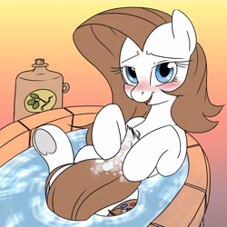 Size: 4096x4096 | Tagged: safe, artist:derpydoodesigns, artist:derpydooreviews, derpibooru import, oc, oc only, oc:titanium white, earth pony, pony, absurd resolution, bath, bathtub, blushing, covering, female, gradient background, indoors, lying down, mare, on back, solo, tail, tail covering