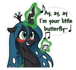 Size: 5796x5305 | Tagged: safe, artist:derpydoodesigns, artist:derpydooreviews, derpibooru import, queen chrysalis, changeling, changeling queen, g4, absurd resolution, blushing, bust, butterfly (song), cute, cutealis, earbuds, embarrassed, glowing, glowing horn, grin, horn, levitation, magic, music, music player, simple background, smiling, solo, sticker, telekinesis, text, transparent background