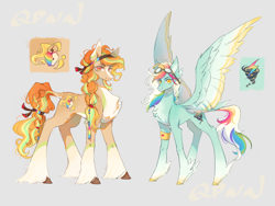 Size: 4000x3000 | Tagged: safe, artist:qpnnn, derpibooru import, oc, oc only, earth pony, pegasus, pony, chest fluff, concave belly, feathered fetlocks, goggles, goggles on head, gray background, magical lesbian spawn, offspring, parent:applejack, parent:rainbow dash, parents:appledash, siblings, simple background, slender, thin, unshorn fetlocks