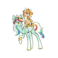 Size: 3000x3000 | Tagged: safe, artist:qpnnn, derpibooru import, oc, oc only, earth pony, pegasus, pony, blaze (coat marking), coat markings, duo, facial markings, goggles, goggles on head, long legs, magical lesbian spawn, offspring, parent:applejack, parent:rainbow dash, parents:appledash, ponies riding ponies, riding, riding a pony, siblings, simple background, white background