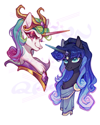 Size: 750x938 | Tagged: safe, artist:qpnnn, derpibooru import, idw, princess celestia, princess luna, pony, unicorn, reflections, artemis luna, bust, chest fluff, duo, evil celestia, evil counterpart, horn, mirror universe, simple background, solo, white background