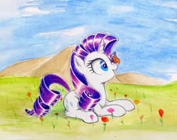 Size: 1914x1505 | Tagged: safe, anonymous artist, derpibooru import, rarity, butterfly, pony, cute, flower, mountain, outdoors, raribetes, sky, solo, traditional art