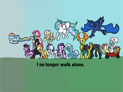 Size: 3644x2731 | Tagged: safe, artist:datzigga, derpibooru import, apple bloom, applejack, fluttershy, pinkie pie, princess celestia, princess luna, queen chrysalis, rainbow dash, rarity, scootaloo, spike, starlight glimmer, sweetie belle, thorax, trixie, twilight sparkle, unicorn twilight, oc, oc:anon, alicorn, changedling, changeling, changeling queen, earth pony, human, pegasus, pony, unicorn, g4, cutie mark crusaders, female, filly, foal, horn, horse collar, king thorax, mane seven, mane six, mare, outdoors, pulling