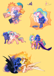 Size: 2480x3508 | Tagged: safe, artist:zheishigeshahaoa, derpibooru import, daybreaker, nightmare moon, princess celestia, princess luna, alicorn, g4, armor, book, clothes, crown, dress, ethereal mane, female, helmet, hoof shoes, jewelry, mane of fire, moon, pillow, princess shoes, regalia, royal sisters, siblings, sisters, stars, sun, sunglasses