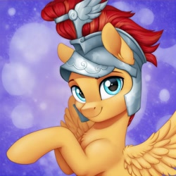 Size: 1944x1944 | Tagged: safe, ai content, derpibooru import, machine learning generated, flash magnus, pegasus, pony, g4, abstract background, helmet, male, missing accessory, prompter:cypher, stallion