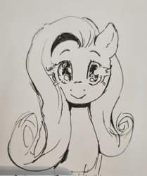 Size: 1712x2048 | Tagged: safe, artist:anazeml, derpibooru import, fluttershy, pegasus, pony, g4, female, grayscale, looking at you, mare, monochrome, sketch, smiling, smiling at you, solo, traditional art