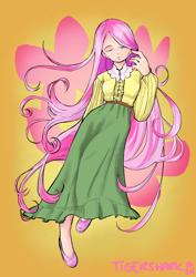 Size: 2894x4093 | Tagged: safe, artist:happytigershark, derpibooru import, fluttershy, butterfly, human, blouse, clothes, cutie mark background, dress, female, high res, humanized, lidded eyes, long hair, long skirt, shoes, skirt, solo