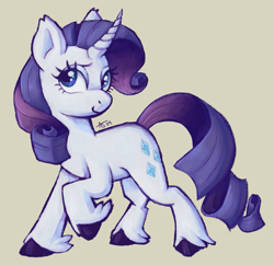 Size: 1765x1712 | Tagged: safe, artist:halfrobin, derpibooru import, rarity, pony, unicorn, curved horn, female, head turn, horn, mare, raised hoof, raised leg, simple background, solo, unshorn fetlocks