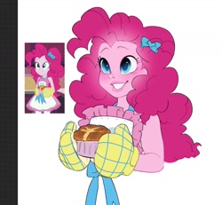 Size: 1439x1330 | Tagged: safe, artist:aztrial, derpibooru import, pinkie pie, human, equestria girls, g4, apron, bow, bust, clothes, female, grin, hair bow, lips, oven mitts, screencap reference, simple background, smiling, solo, souffle, white background