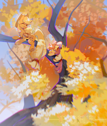 Size: 2178x2560 | Tagged: safe, artist:不可食用骨, derpibooru import, apple bloom, applejack, earth pony, pony, g4, adorabloom, apple sisters, autumn, autumn leaves, bow, chest fluff, climbing, cowboy hat, cute, duo, female, filly, foal, hair bow, hat, in a tree, jackabetes, leaves, mare, outdoors, scenery, siblings, sisters, sweat, tree, underhoof