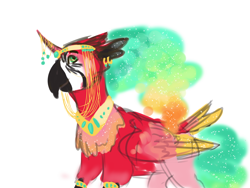 Size: 1600x1200 | Tagged: safe, artist:pjj0, derpibooru import, oc, oc only, oc:dawn, bird, griffon, hippogriff, hybrid, parrot, pony, unicorn, curved horn, ethereal mane, ethereal tail, horn, horn jewelry, interspecies offspring, jewelry, male, offspring, parent:princess celestia, parent:unnamed oc, peytral, regalia, simple background, solo, tail, white background