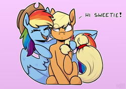 Size: 3508x2480 | Tagged: safe, alternate version, artist:jellysketch, derpibooru import, applejack, rainbow dash, earth pony, pegasus, pony, g4, accessory swap, appledash, applejack's hat, clothes, cowboy hat, cute, dialogue, duo, duo female, eye clipping through hair, eyes closed, female, happy, hat, hatless, high res, hoof on shoulder, lesbian, mare, missing accessory, open mouth, open smile, raised hoof, raised leg, raised tail, shipping, sitting, smiling, tail, wings