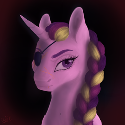 Size: 640x640 | Tagged: safe, artist:pjj0, derpibooru import, princess cadance, alicorn, pony, g4, alternate hairstyle, alternate universe, braid, bust, eyepatch, female, mare, portrait, solo