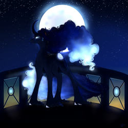 Size: 2449x2449 | Tagged: safe, artist:pjj0, derpibooru import, princess luna, alicorn, pony, g4, balcony, curved horn, female, freckles, full moon, glowing, glowing eyes, horn, mare, moon, outdoors, solo