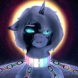 Size: 2449x2449 | Tagged: safe, artist:pjj0, derpibooru import, nightmare moon, princess luna, alicorn, pony, g4, chains, duality, female, mare, mid-transformation, moon, on the moon, outdoors, s1 luna, slit eyes, solo, sun, transformation