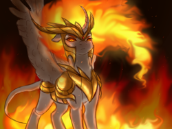 Size: 1600x1200 | Tagged: safe, artist:pjj0, derpibooru import, daybreaker, alicorn, pony, g4, armor, curved horn, female, fiery mane, helmet, horn, leonine tail, mare, peytral, slit eyes, solo, spread wings, tail, wings