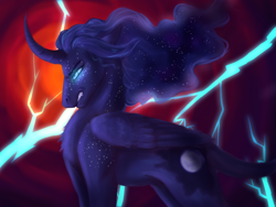 Size: 1600x1200 | Tagged: safe, artist:pjj0, derpibooru import, princess luna, alicorn, pony, g4, chest fluff, curved horn, female, freckles, gritted teeth, horn, leonine tail, lightning, mare, solo, tail, teeth