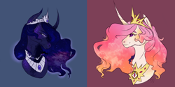 Size: 3464x1732 | Tagged: safe, artist:pjj0, derpibooru import, princess celestia, princess luna, alicorn, pony, g4, bust, curved horn, duo, female, horn, jewelry, mare, necklace, peytral, pink-mane celestia, portrait, regalia