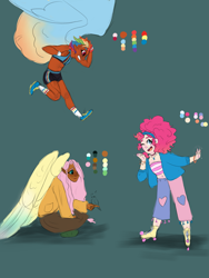 Size: 2121x2828 | Tagged: safe, artist:pjj0, derpibooru import, fluttershy, pinkie pie, rainbow dash, bird, human, g4, clothes, dark skin, elf ears, female, flying, green background, hairband, humanized, reference sheet, roller skates, shorts, simple background, sitting, skates, sports bra, sports shorts, spread wings, trio, winged humanization, wings