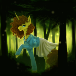 Size: 1024x1024 | Tagged: safe, artist:pjj0, derpibooru import, oc, oc only, pony, unicorn, clothes, female, forest, horn, jewelry, leonine tail, mare, nature, necklace, outdoors, skirt, solo, tail, tree