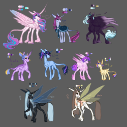 Size: 1024x1024 | Tagged: safe, artist:pjj0, derpibooru import, princess flurry heart, oc, oc:agape, oc:eros, oc:lutus, oc:mania, oc:philautia, oc:philia, oc:storge, alicorn, changeling, changeling queen, changepony, earth pony, hybrid, pegasus, pony, unicorn, g4, black sclera, cape, clothes, ear piercing, earring, eye scar, facial scar, female, gray background, hair bun, horn, interspecies offspring, jewelry, leonine tail, magical lesbian spawn, male, mare, next generation, offspring, older, older flurry heart, parent:princess cadance, parent:queen chrysalis, parent:shining armor, parents:cadalis, parents:shiningcadance, piercing, reference sheet, scar, simple background, slit eyes, spread wings, stallion, tail, unshorn fetlocks, wings