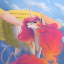 Size: 1024x1024 | Tagged: safe, artist:pjj0, derpibooru import, princess celestia, alicorn, pony, g4, female, leonine tail, mare, outdoors, pink-mane celestia, solo, spread wings, tail, wings