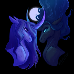 Size: 1024x1024 | Tagged: safe, artist:pjj0, derpibooru import, nightmare moon, princess luna, alicorn, pony, blank eyes, curved horn, duality, female, full moon, horn, mare, moon