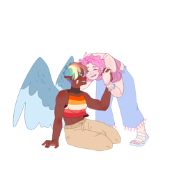 Size: 1024x1024 | Tagged: safe, artist:pjj0, derpibooru import, pinkie pie, rainbow dash, human, g4, bandaid, dark skin, duo, ear piercing, earring, elf ears, female, humanized, jewelry, lesbian pride flag, pansexual pride flag, piercing, pride, pride flag, simple background, sitting, transparent background, winged humanization, wings