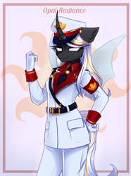 Size: 2229x3000 | Tagged: safe, artist:opal_radiance, derpibooru import, oc, anthro, changeling, changeling oc, clothes, solar empire, solo, uniform, white changeling